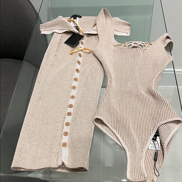 JLUXLABEL Dresses & Skirts - Beige Ribbed Dress and Bodysuit Set